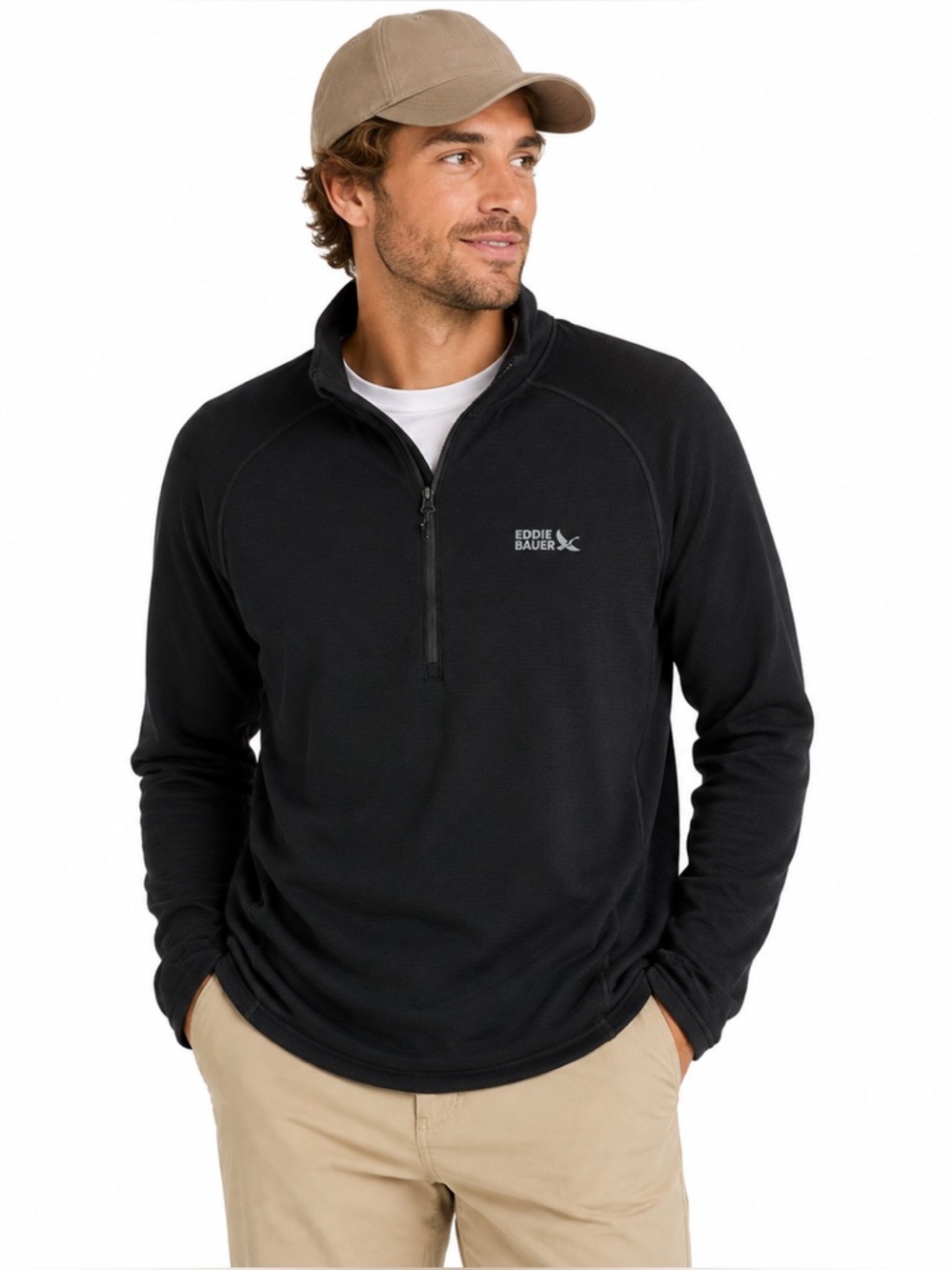 Eddie Bauer Grid Fleece Half Zip Pullover Black Performance Stretch Men's Medium